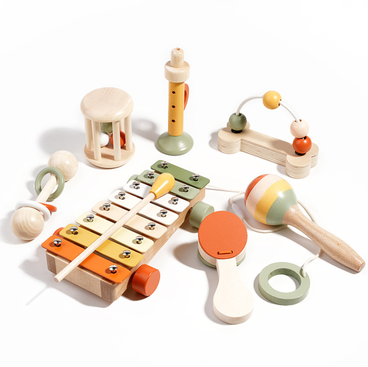 Kinder Holz Musikinstrumente - 7-teiliges Montessori Musikspielzeug-Set für frühes Lernen