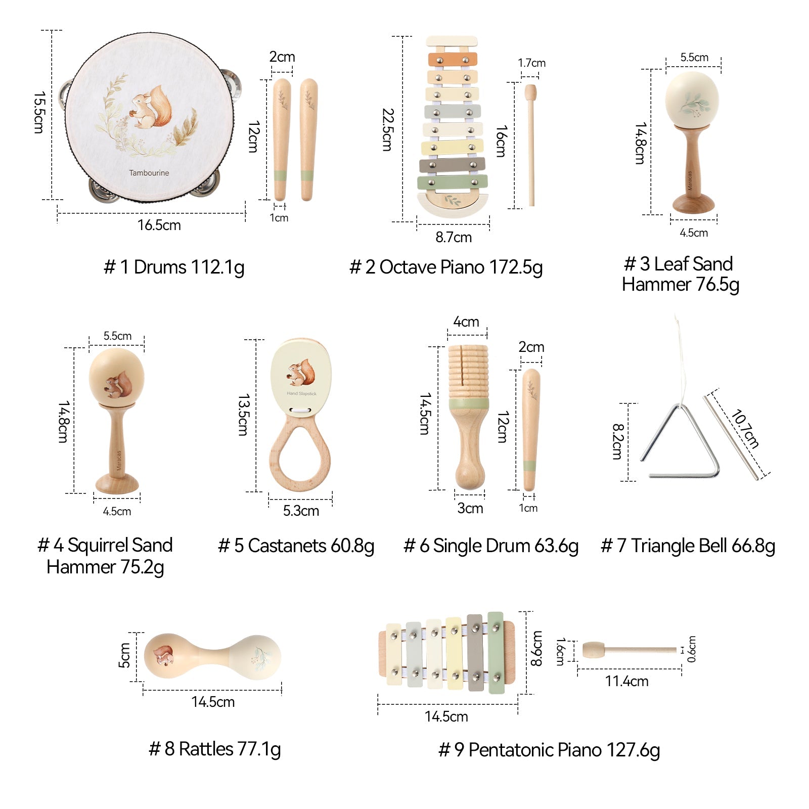 Beliebtes Montessori Holz-Musikinstrument-Set „Eichhörnchen“ – Musikspielzeug für Babys & Kinder | Verschiedene Instrumente, CE-zertifiziert