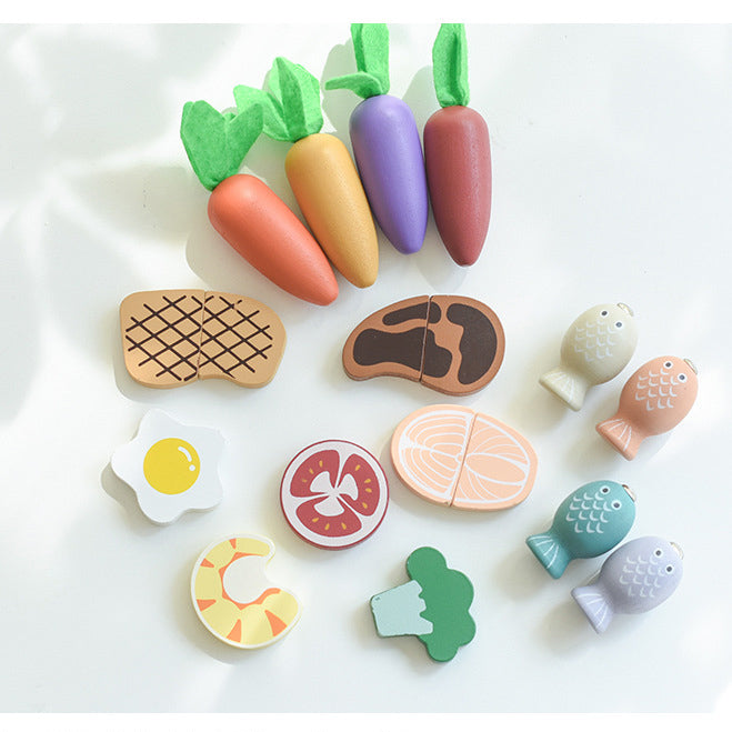 Lebensmittelspielzeug aus Holz mit Kochgeschirr und Utensilien für Kinder ab 24 Monate