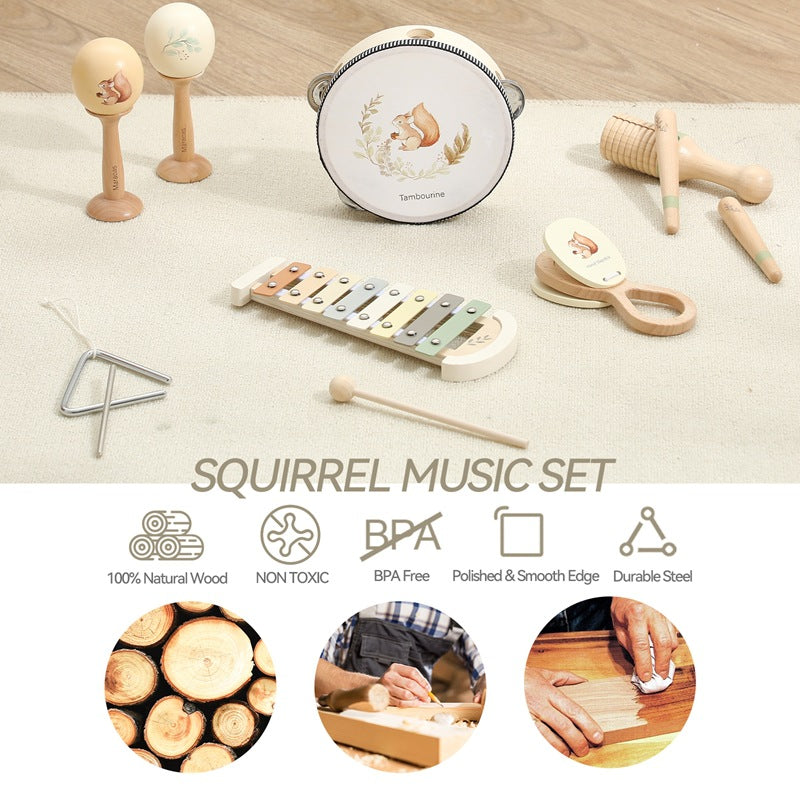 Beliebtes Montessori Holz-Musikinstrument-Set „Eichhörnchen“ – Musikspielzeug für Babys & Kinder | Verschiedene Instrumente, CE-zertifiziert