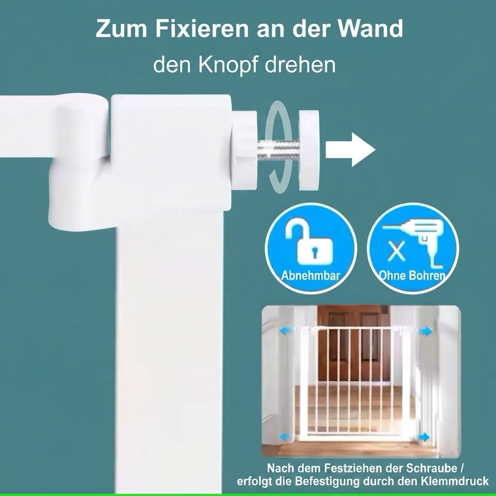 Exciteluxury Infografik zur Montage des Schutzgitters Modell SH21.005D auf Deutsch: Darstellung der Befestigung ohne Bohren durch Drehen des Fixierknopfes für sicheren Klemmdruck