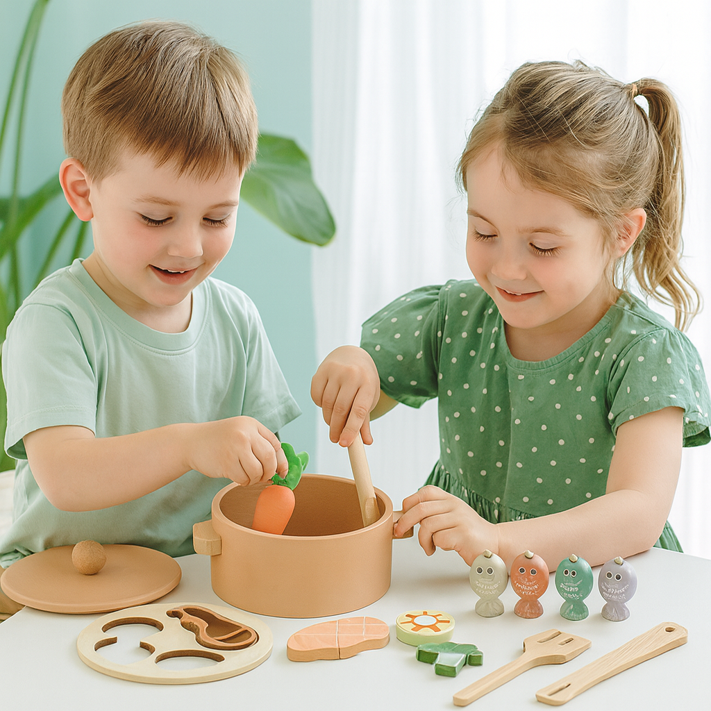 Mini Holz Küche mit Kochplatten und Kochset für Kinder ab 2 Jahren