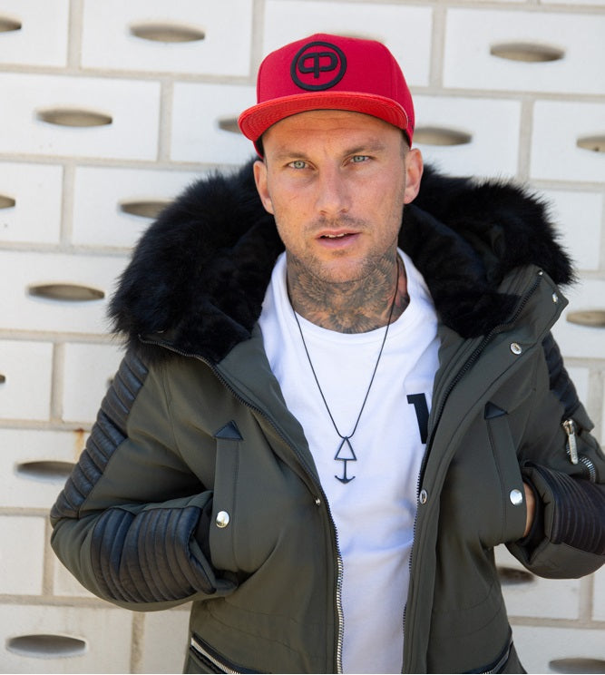 Snapback Cap - Red Leather & Black