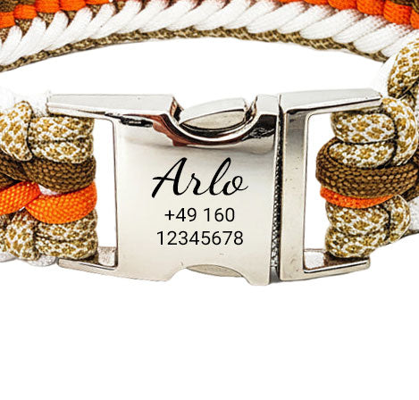 Arlo – Handgefertigtes Paracord Hundehalsband mit Gravur | Orange-Braun-Weiß-Beige