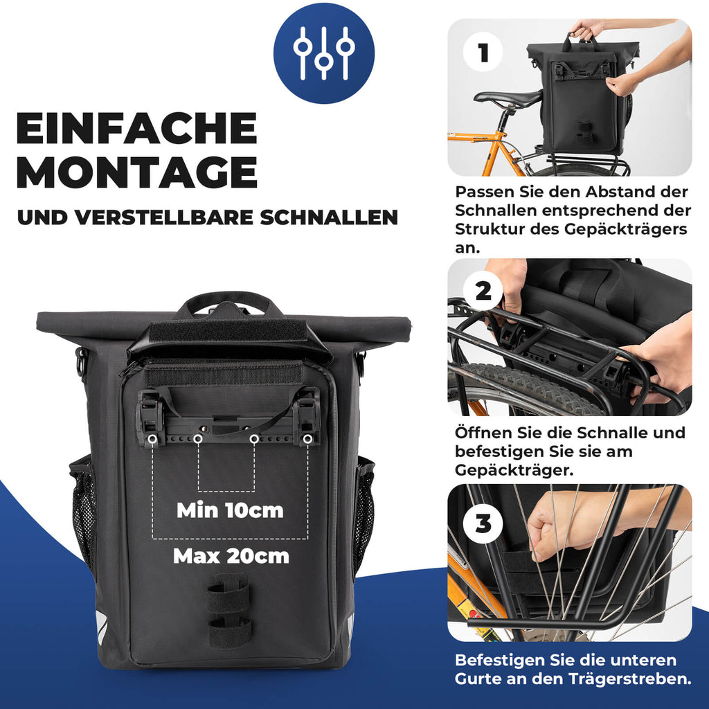 3 in 1 Wasserdicht Gepäckträgertasche Rucksack Umhängetasche 18L
