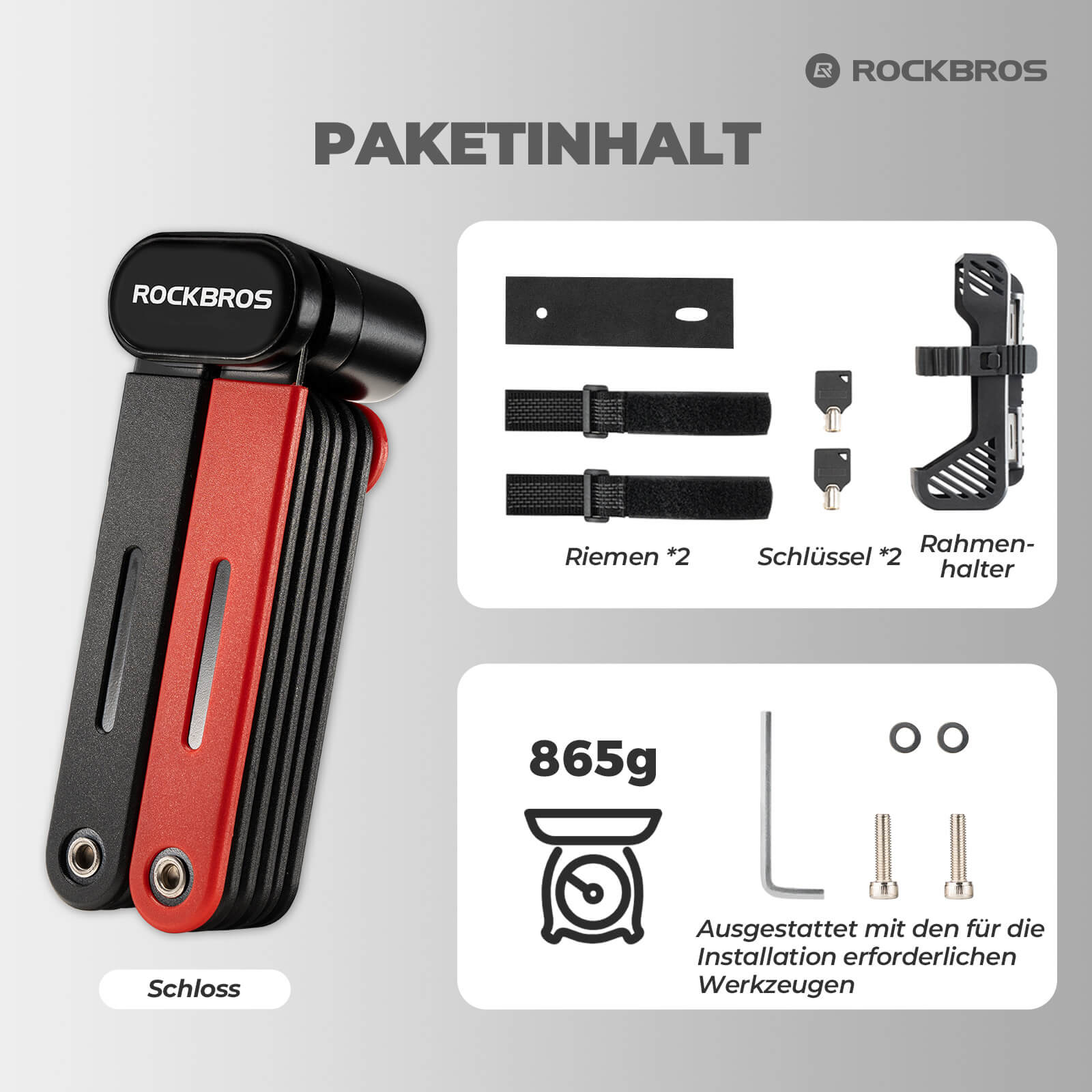 ROCKBROS Fahrrad Klapp-Fahrradschloss Robust Diebstahlschutz mit 2 Schlüsseln