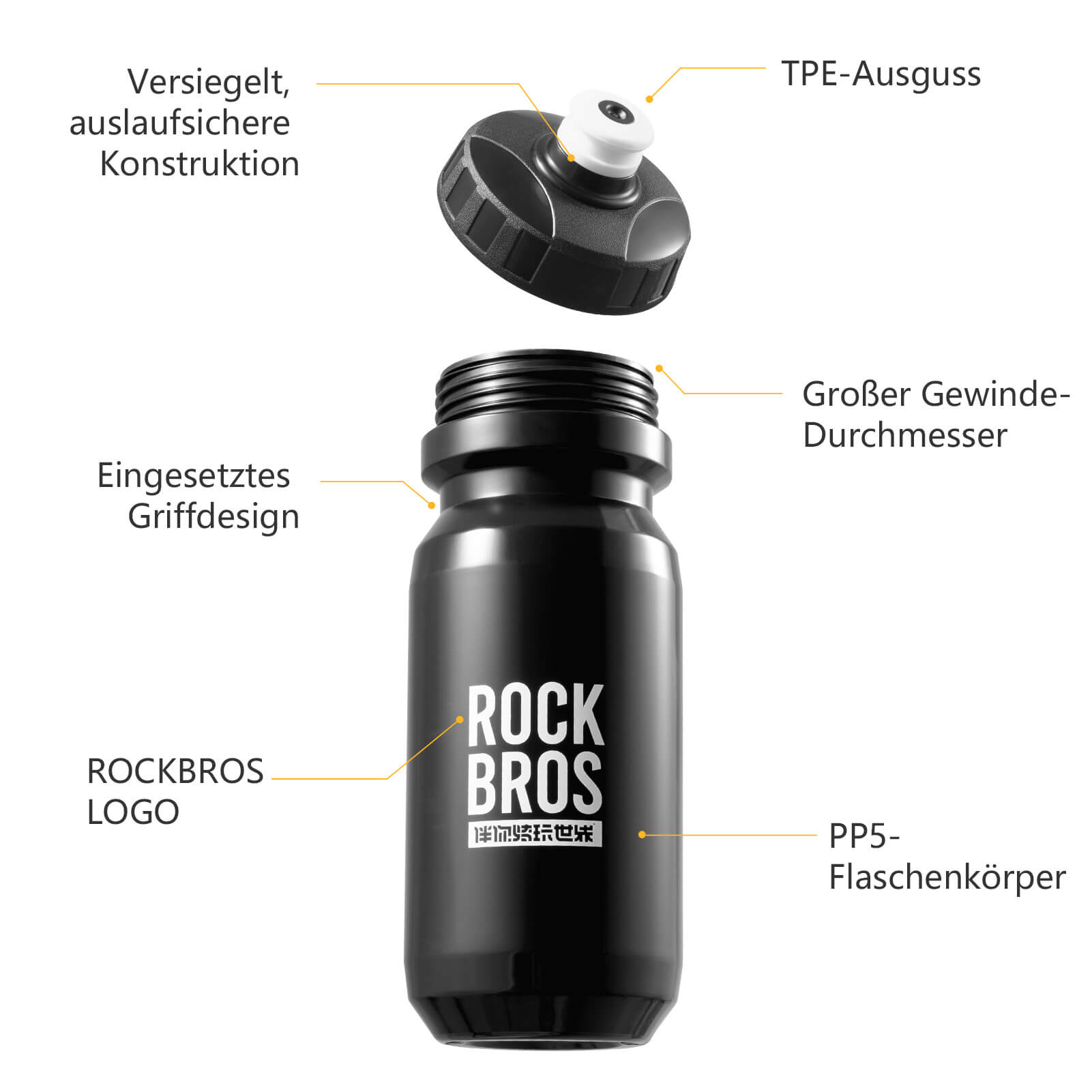 ROCKBROS Fahrrad Wasserflasche 600ml Trinkflasche BPA-Frei Auslaufsichere Flasche