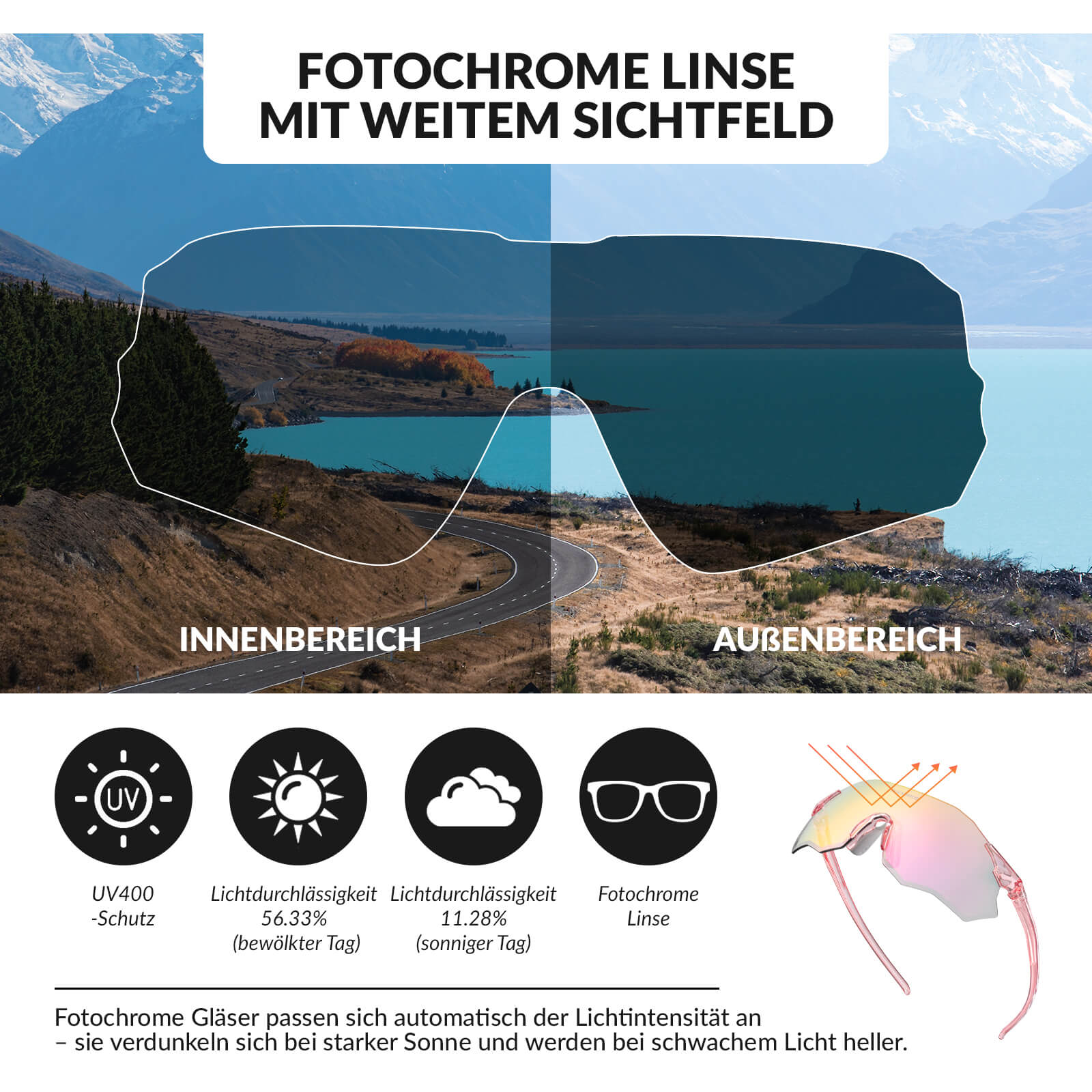 Fahrradbrille Selbsttönend UV400-Schutz Ohne Rahmen -SWIFT