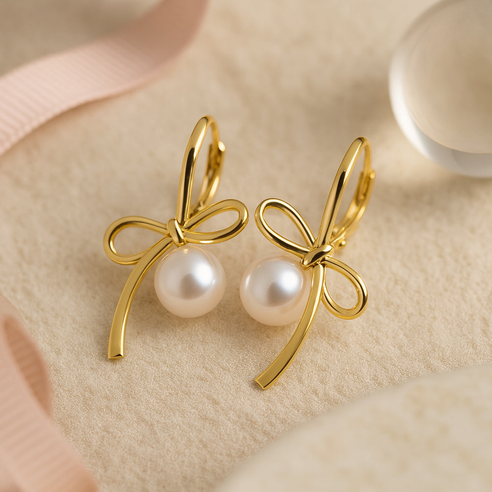 Ohrringe aus 925er Sterling-Silber, Creole mit Perle und Schleife