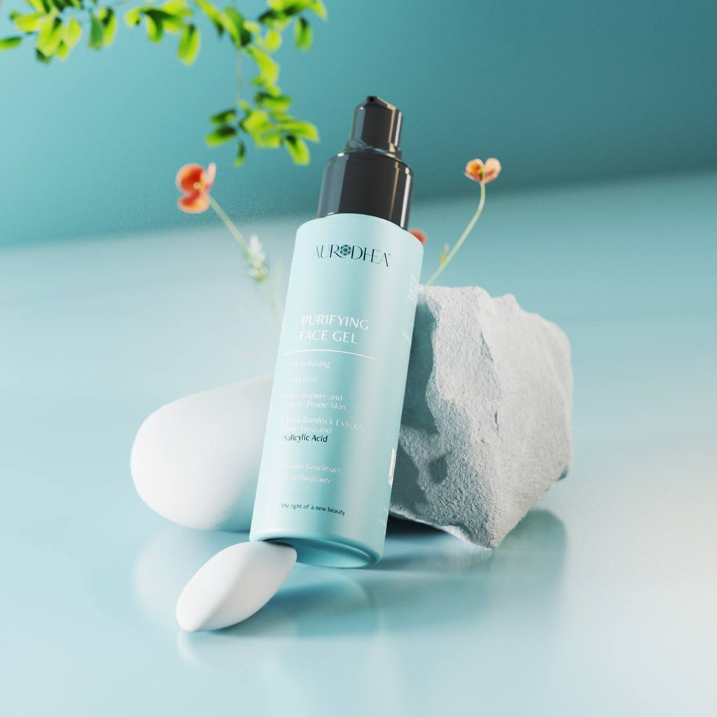 Aurodhea Purifying Face Gel Flasche angelehnt an einen hellen Dekostein, umgeben von weißen Kieselsteinen und grünen Blättern auf mintgrünem Hintergrund