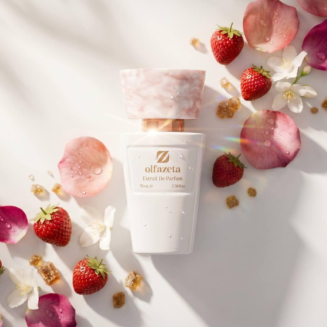 Olfazeta Blooming Skin Damenparfüm im weißen Flakon mit Erdbeeren, rosa Blättern und Wassertropfen by Exciteluxury.