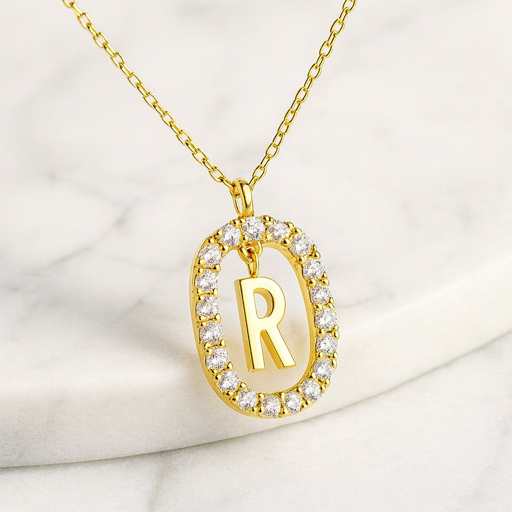 Kette mit Anhänger aus 925er Sterling-Silber, verschiedene Buchstaben im Strasskreis, 45cm