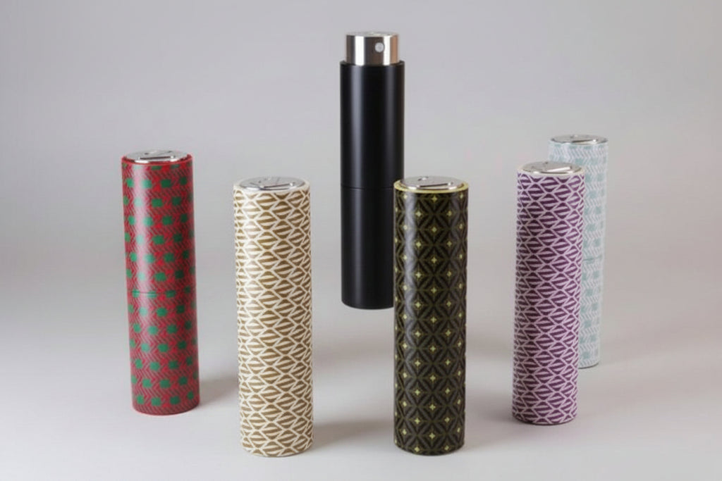 Übersicht der Olfazeta Luxus-Etui Kollektion. Hochwertige Designs für 15ml Parfümflakons. Entdecken Sie die Vielfalt an Mustern und Farben für Ihre Damendüfte.