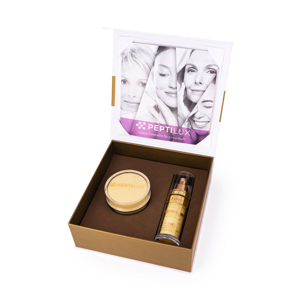 Peptilux Luxury Day Skin Care Set geöffnete Box mit Tagesserum und Tagescreme – EXCITELUXURY